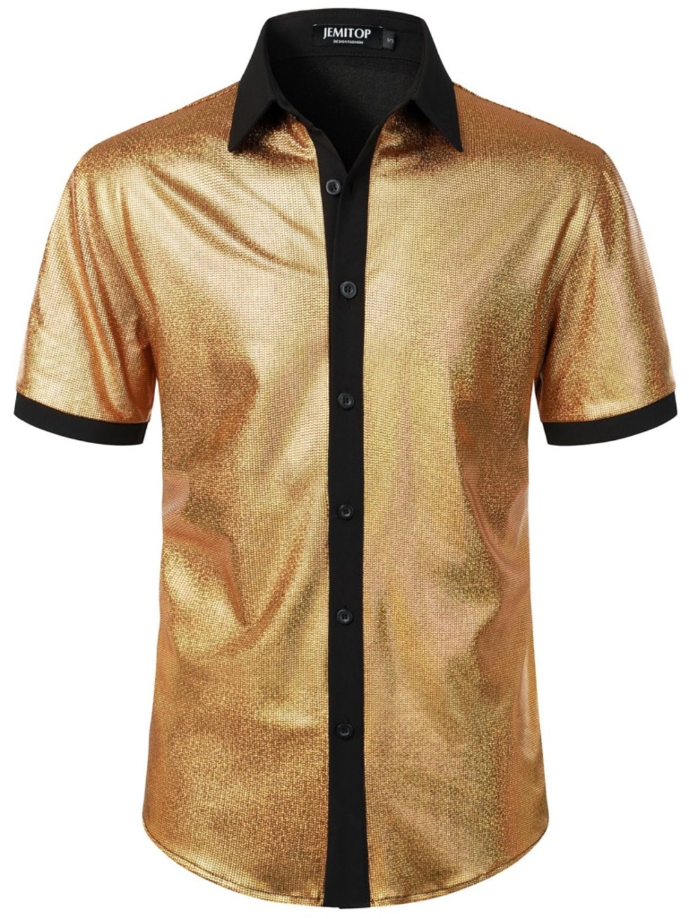 JEMITOP Men's Shiny Metallic Sequin Short Sleeve Button Down Shirt Disco Large